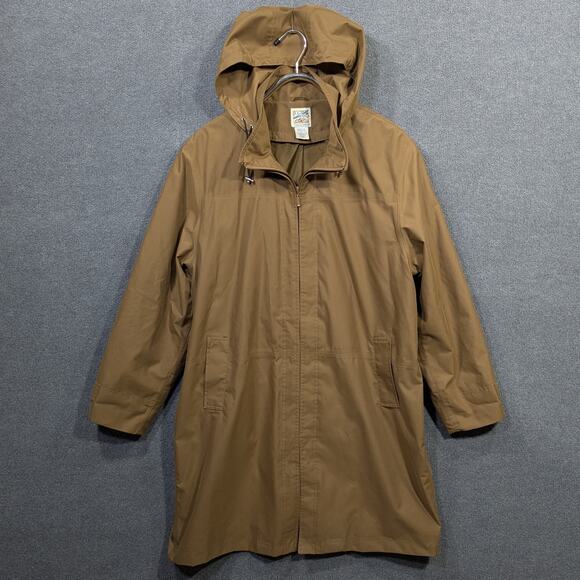 TravelSmith Trench Coat Womens XL Long Jacket Camel Full Zip Removable Hood - Picture 1 of 11